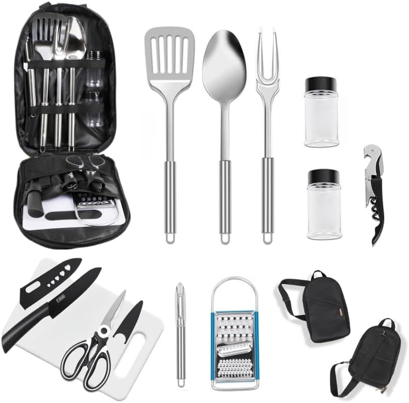 Set de Utensilios de Cocina para Campamento Prettyfine | 35 Piezas en Acero Inoxidable