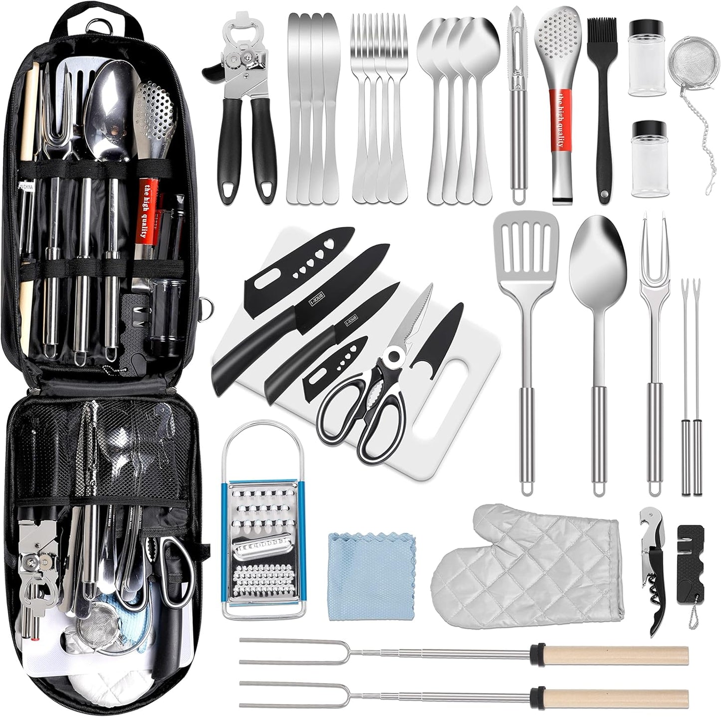 Set de Utensilios de Cocina para Campamento Prettyfine | 35 Piezas en Acero Inoxidable